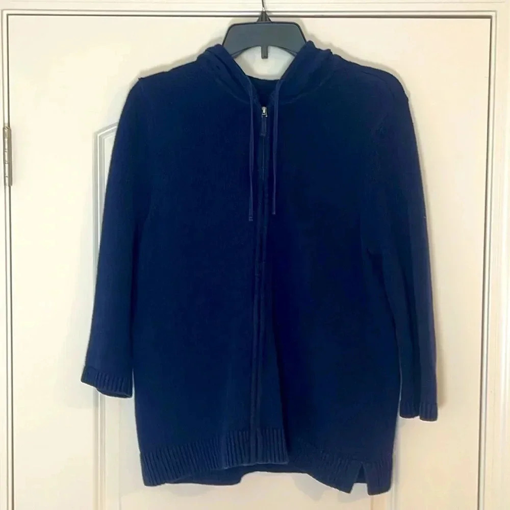 Chico’s 3/4 Sleeve Navy Zip Up Sweater Jacket with Hood Size Small